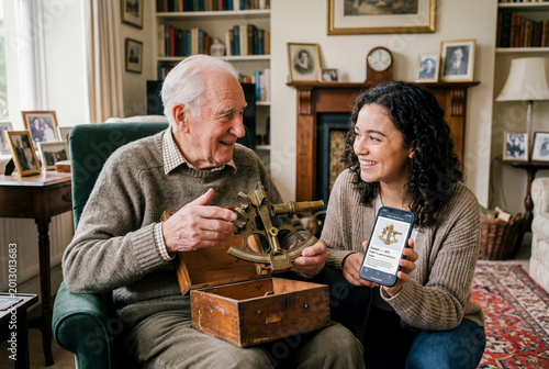 Grandfather showing antique sextant to granddaughter learning with smartphone