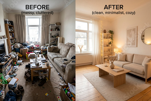Living room before and after renovation decluttering and organizing