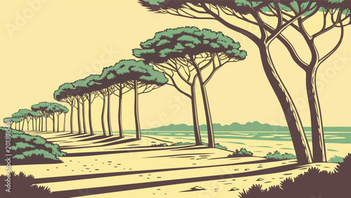 Canvastavla Coastal landscape with stone pine trees casting long shadows on a sandy beach at