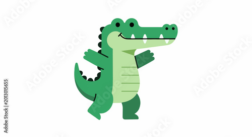 A cheerful, cartoon-style green alligator with a wide smile and outstretched arms dances