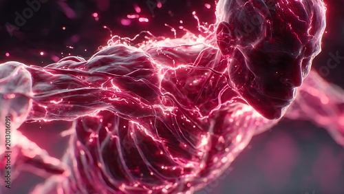 Abstract human form with glowing pink energy and particles