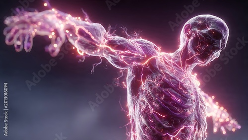 Human body glowing with pink and purple energy and light particles