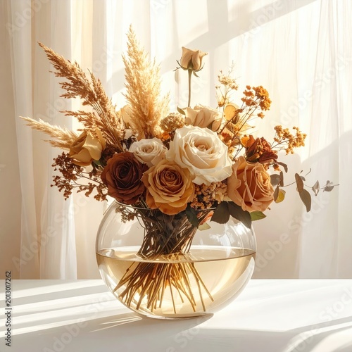 Autumn bouquet of roses, pampas grass, and dried florals in a glass vase