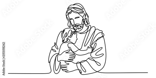 Fotografie Continuous single line drawing of jesus christ holding and hugging a small baby