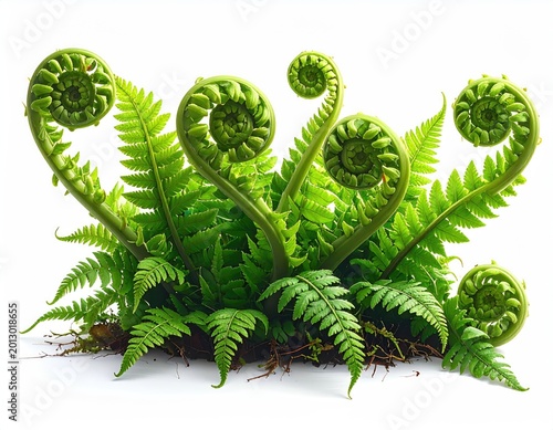 Vibrant green fern fronds unfurling with curled tips on a white background