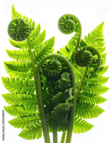 Vibrant green fern fronds unfurling with tightly curled fiddleheads