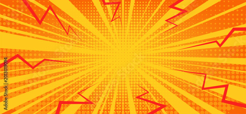 Horizontal comic book style background with sunburst radial gradient overlaid with dynamic, jagged lightning bolt shapes and a subtle halftone dot pattern