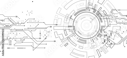Fotografía Abstract digital technology background featuring intricate circuit board patterns, electronic network lines, binary code 0 and 1, leading to a futuristic circular interface design
