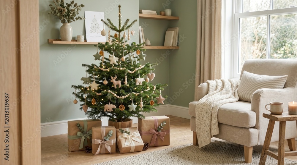 Fototapeta premium A decorated Christmas tree stands in a cozy living room.