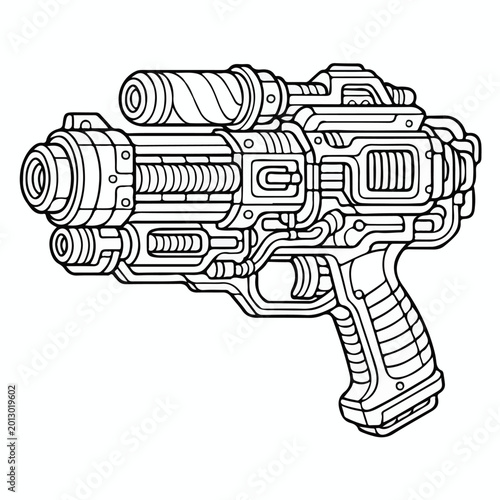 Detailed line art drawing of a futuristic science fiction blaster weapon designed for space battles in an interstellar adventure story