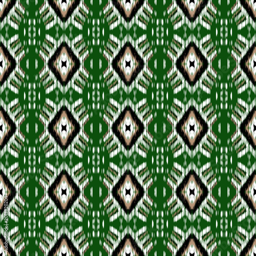 Luxury Green and White Ikat Textile Design, Ethnic Geometric Seamless Pattern for Fabric and Wallpaper