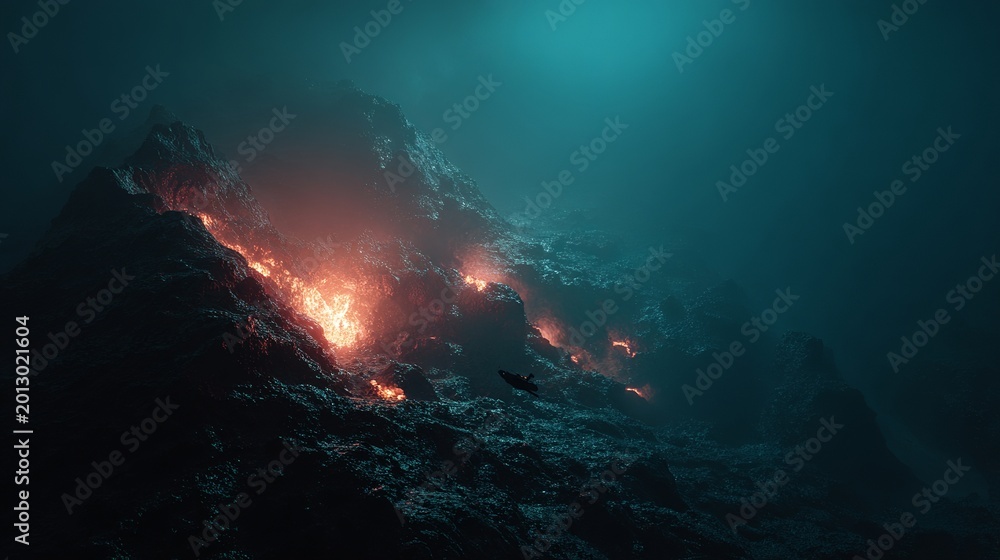 Fototapeta premium Underwater volcano with glowing magma and exploration submarine deep sea cinematic scene