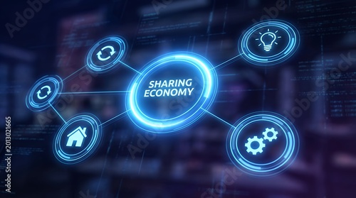 Digital network diagram illustrating the sharing economy concept with icons representing ideas resources and connectivity within a business context technology innovation connection