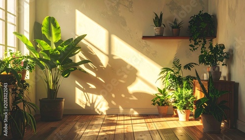 Sunlit indoor garden with tropical plants
