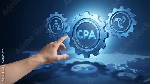 Human finger interacts with interlocking gears featuring CPA human icons and a recycling symbol overlaid on a world map 159 characters cost per acquisition cogwheels interaction