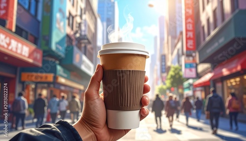 Person holding coffee cup in a busy street
