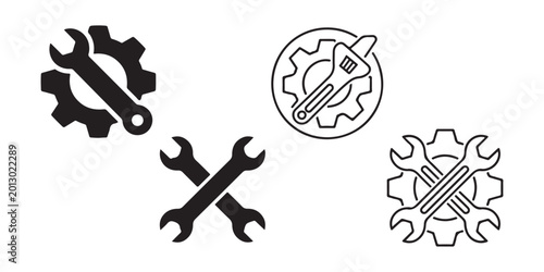 Wrench and gear icon settings black solid glyph pictogram illustration service maintenance mechanic equipment.