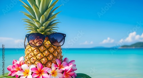 Vibrant tropical pineapple with sunglasses and pink flowers against turquoise ocean backdrop, summer vacation vibe