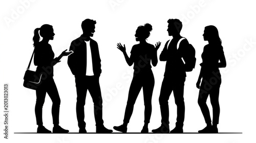 Group of young people talking and gesturing in silhouette.