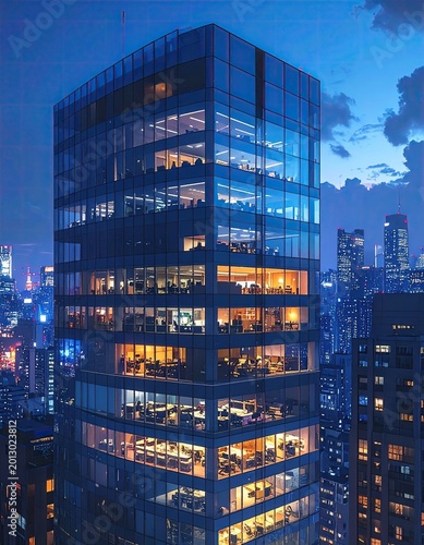 Towering glass skyscraper glows with warm office lights at dusk