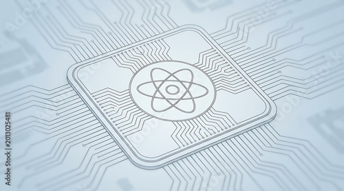 Stylized schematic of an atom symbol integrated within a complex circuitry pattern suggesting technological advancement and scientific research atomic energy science technology