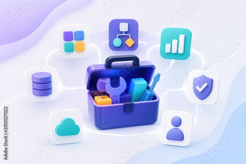 3D toolbox with digital tools and app icons for software maintenance data management and business technology concepts