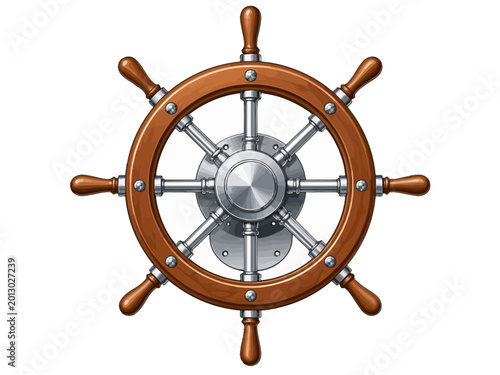 Detailed illustration of a classic wooden ship's wheel with polished brass accents, symbolizing navigation, control, and maritime adventure