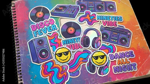 Retro disco party stickers in 90s style