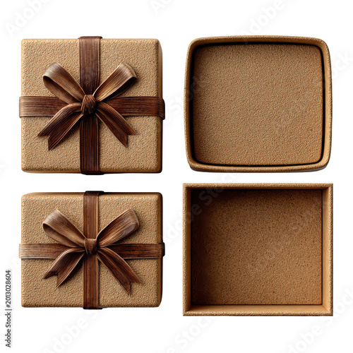 Minimal Gift Box Mockup Set Collection. Top view collection of elegant kraft gift boxes with ribbon bows and open packaging mockups isolated on neutral background.