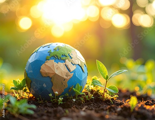 Miniature globe rests in soil beside sprouting plant, bathed in warm sunlight