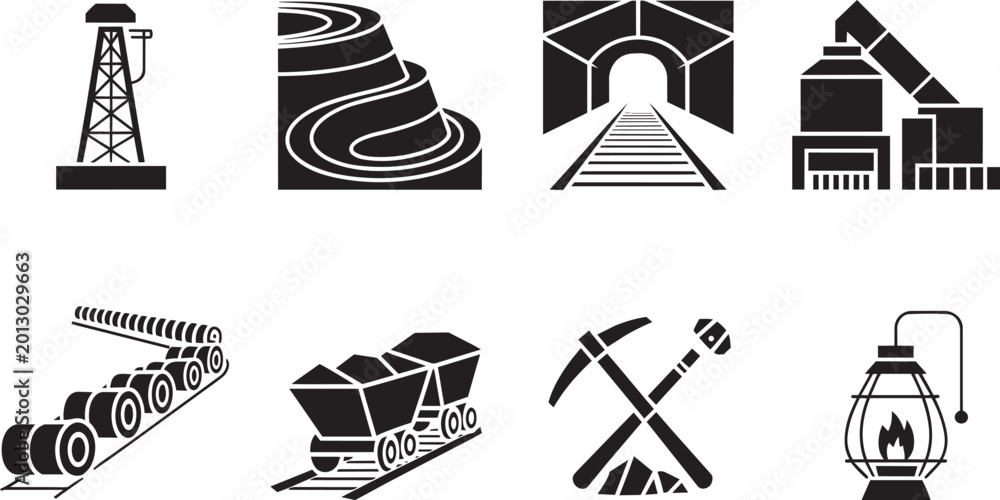 Fototapeta premium Industry and mining icons set in outline solid and colored styles with conveyor belt derrick tunnel