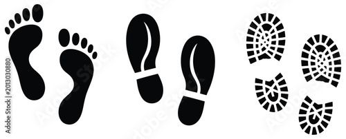 Bild auf Leinwand Shoe and Barefoot Footprint Collection with Sole Marks and Bare Foot Impressions