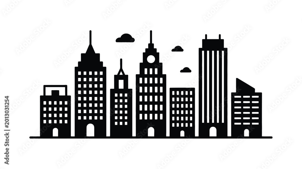 Fototapeta premium Black silhouette skyline of a modern city with several high rise buildings