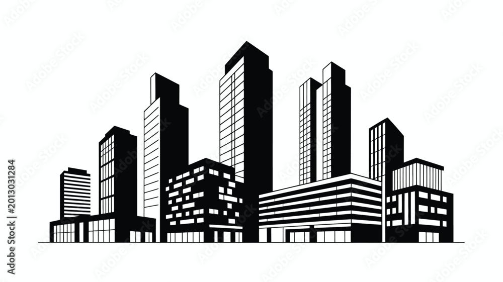 Fototapeta premium A striking black and white illustration of a modern cityscape with skyscrapers