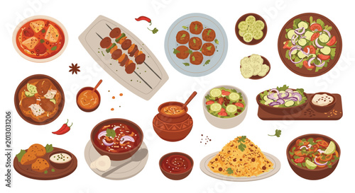 Variety of delicious traditional Indian food dishes including curry, kebabs, rice, and salads shown from a top-down perspective.