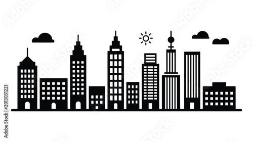 Bilde på lerret Black and white skyline illustration depicting a modern city landscape