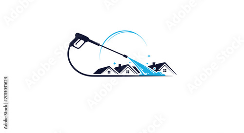 Professional graphic illustration depicting a pressure washing service cleaning several houses with a powerful water spray effect.