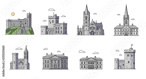 Fotografie Detailed collection of European architectural heritage including medieval castles, cathedrals, and elegant manor houses