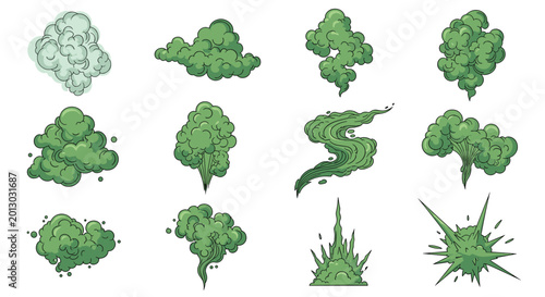 Various green smoke clouds, toxic gas plumes, and stylized explosion effects presented in a detailed illustrative style.