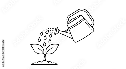 Simple black and white line art illustration showing a watering can being used to nourish a small sprout with two leaves.