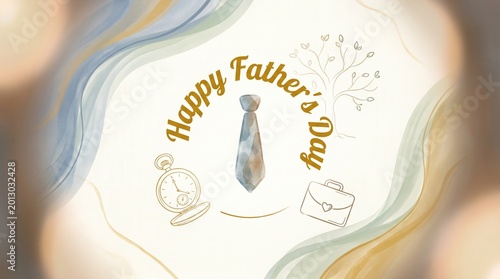 Happy father's day watercolor card with tie and briefcase icons, father