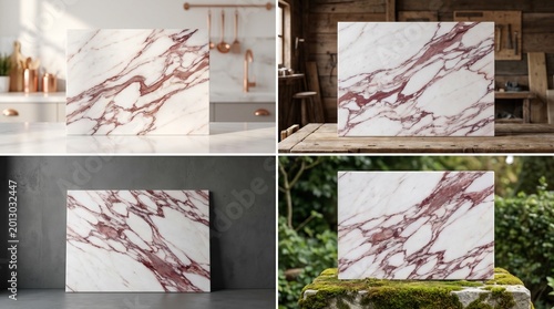 Collage of calacatta viola marble slabs in different settings kitchen workshop