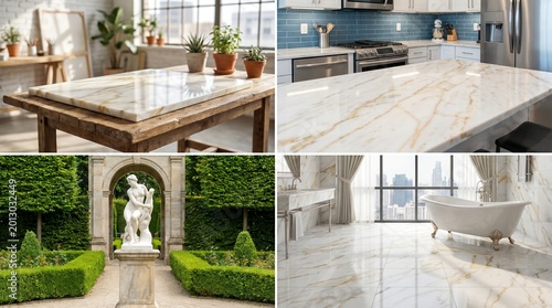 Collage of interiors and exteriors featuring marble and stone kitchen garden