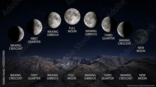 Phases of the moon cycle shown against a starry night sky over mountains