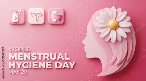 World menstrual hygiene day awareness graphic with feminine silhouette and icons