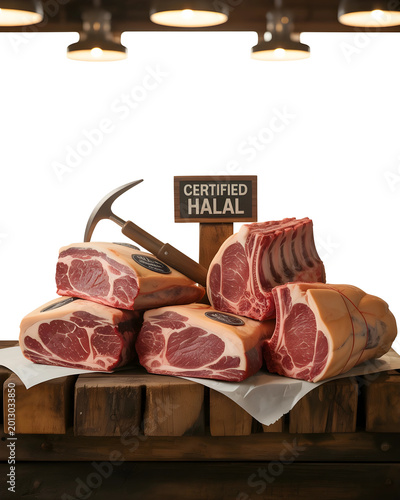 A premium photographic composition featuring halal certified beef cuts on a wooden table with a pickaxe and a sign.