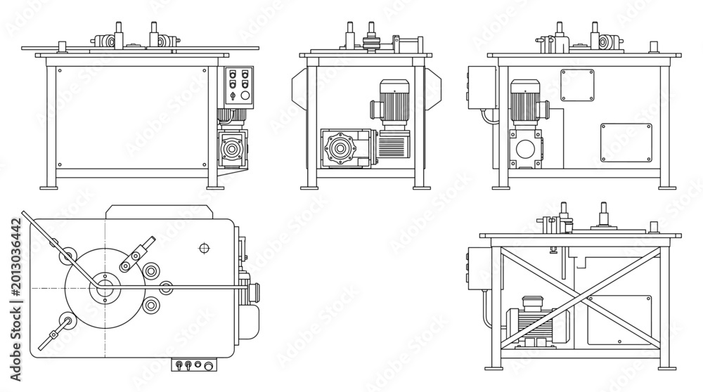 Obraz premium Rebar bending machine technical drawing blueprint with front side back and top views CAD line art vector illustration
