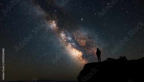 Silhouette of person standing on cliff edge gazing at milky way galaxy, vast starry night sky above cosmic landscape, universe.