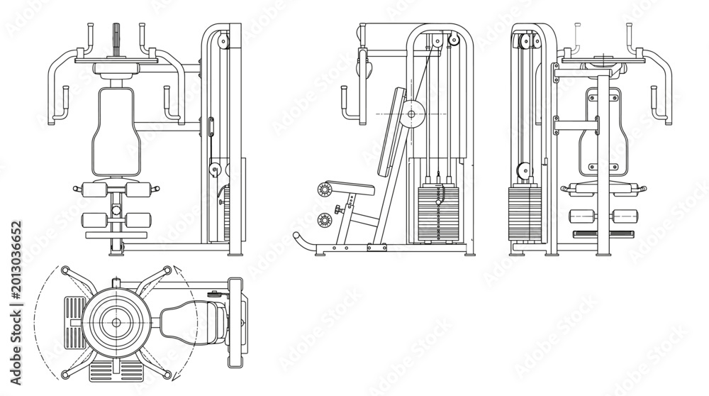 Obraz premium Torso rotation machine technical drawing blueprint with front side back and top views CAD line art vector illustration