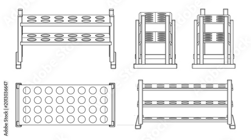 Test tube rack technical drawing blueprint with front side back and top views CAD line art vector illustration
